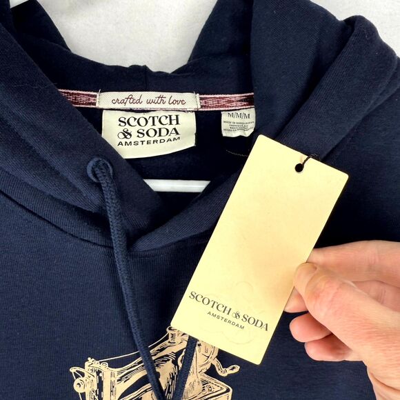Scotch & Soda Mens Relaxed Fit Fleece Hoodie Dark Blue Embroidered Size M NEW - Picture 5 of 13